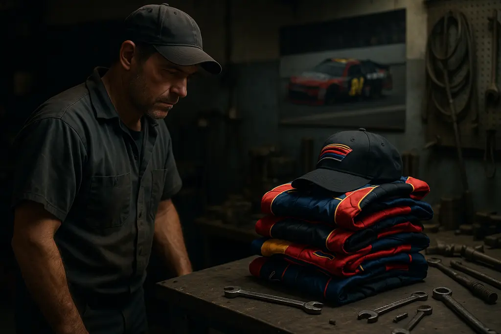 Chicagoland NASCAR Gear laid out in a Cup garage before a 1.5-mile oval race