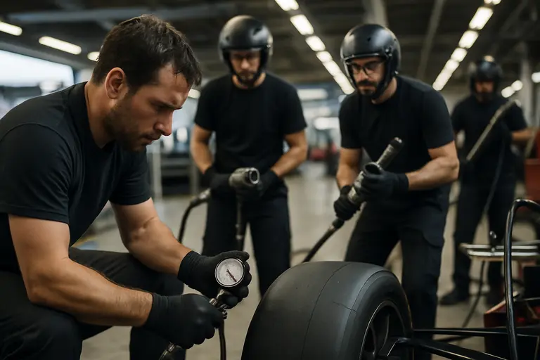 Driver and crew review notes beside a drag car between runs