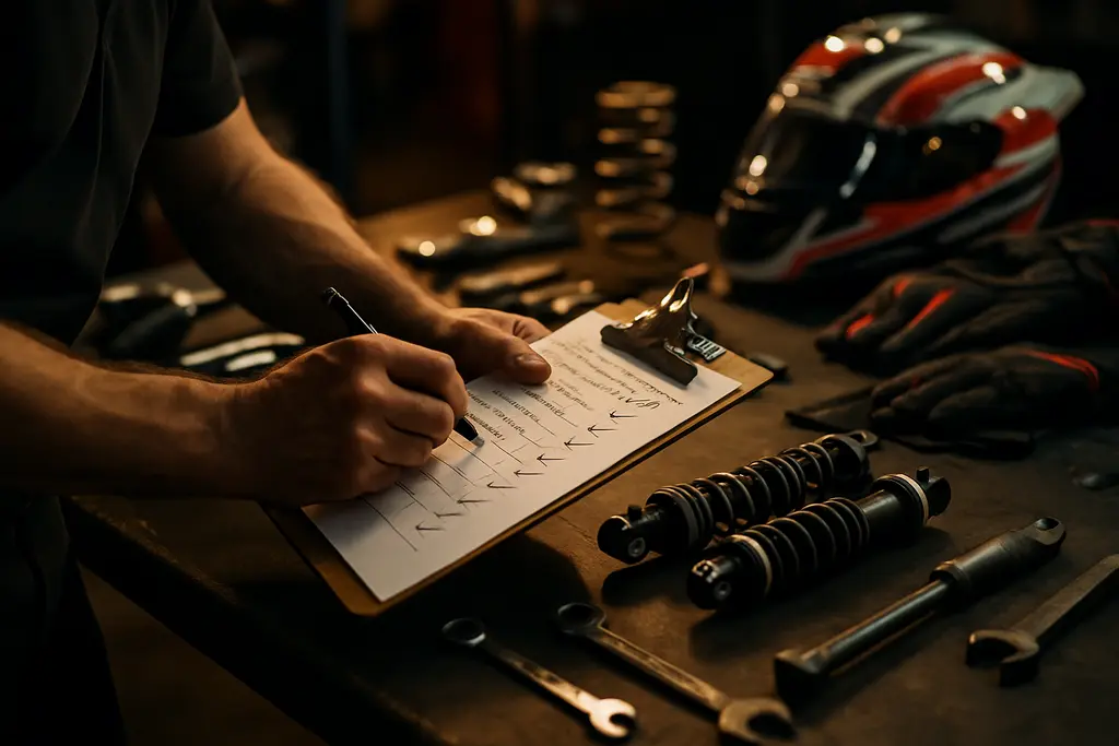 Equipment Checklist on a drag racing workbench with helmet, gloves, and tools nearby
