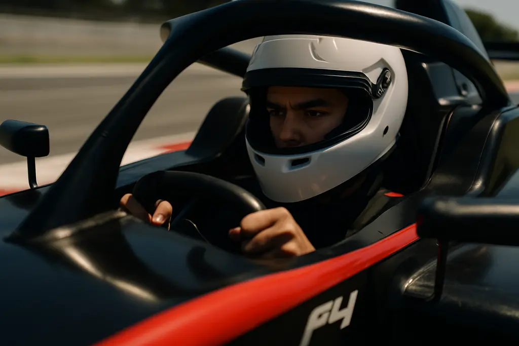 F4 Driving Techniques shown by a formula car entering a corner on a dry circuit