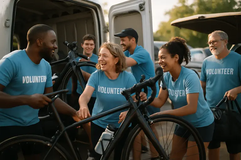 Family and friends organizing tools and stands near a race trailer