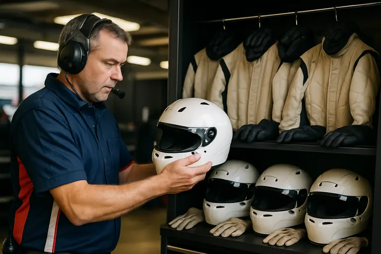 Helmet, gloves, fire-resistant suit, and racing shoes arranged in a garage