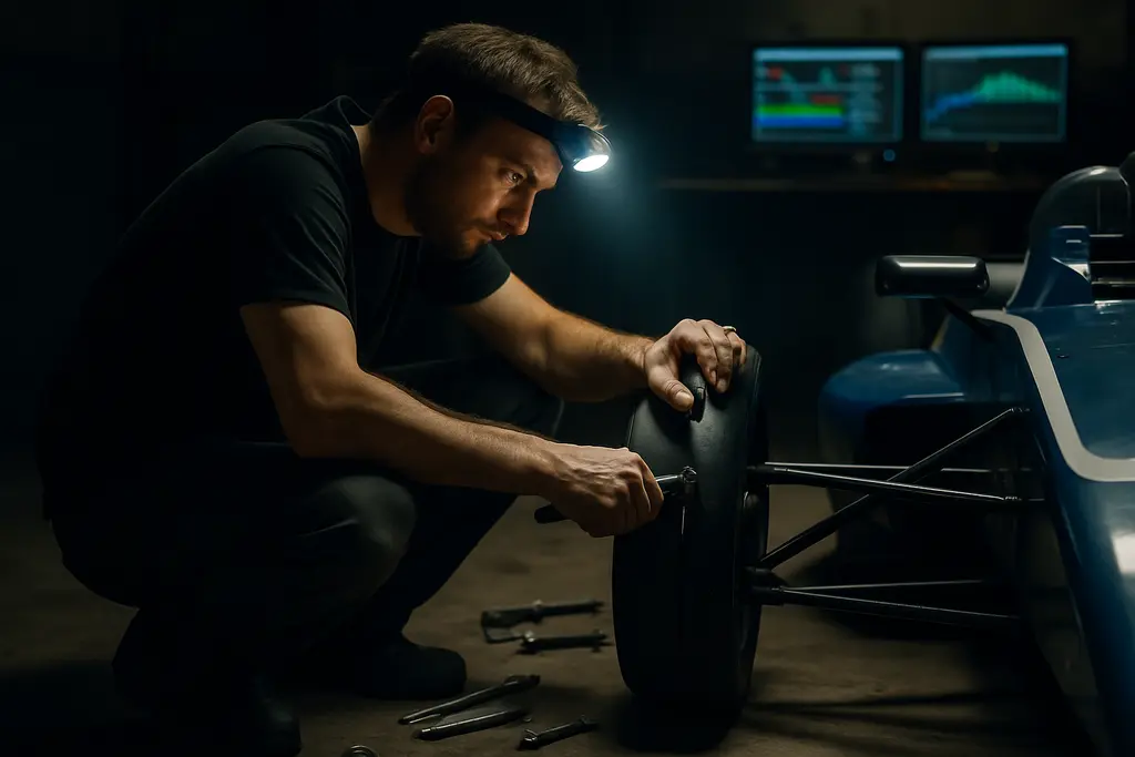 Race condition simulation with a driver belted in as crew checks tires and cooling