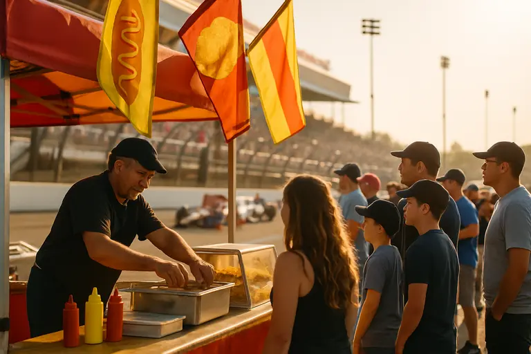 Race fans gathering around parked vehicles before walking toward the grandstands