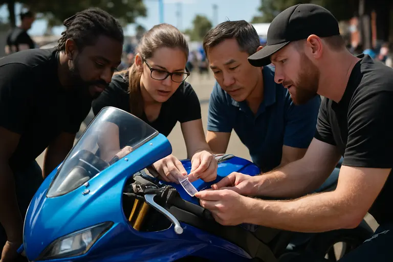 Racer and support crew checking safety gear on a workbench