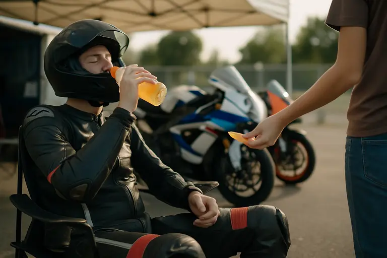 Racer drinking water during a quiet break between race-day duties