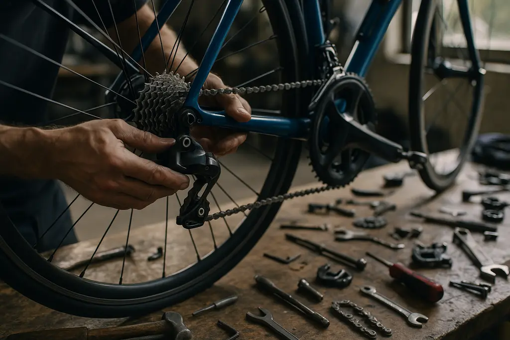 Road America Bike Prep with tools, tires, and a race machine in a paddock garage