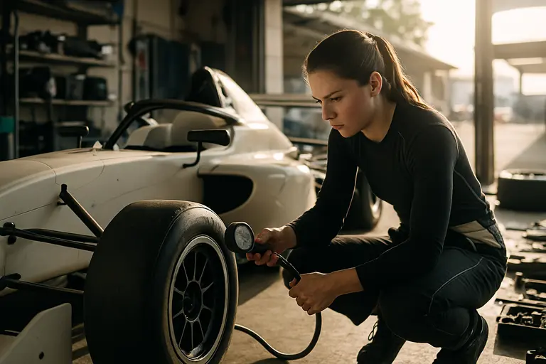 Small race crew checking tires and tools before a track session