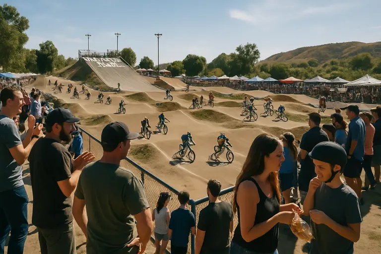 BMX riders entering a turn during a local race with spectators behind fencing