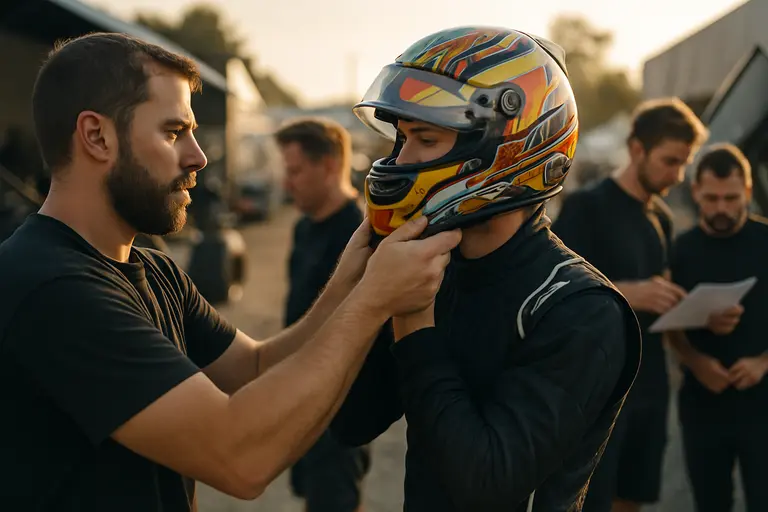Race crew checking equipment while a driver prepares near the car