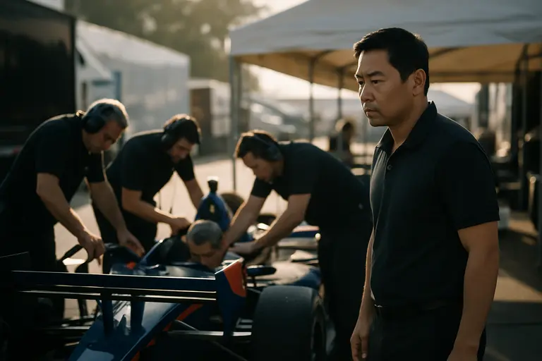 Racer checks helmet while crew members organize tools in the background