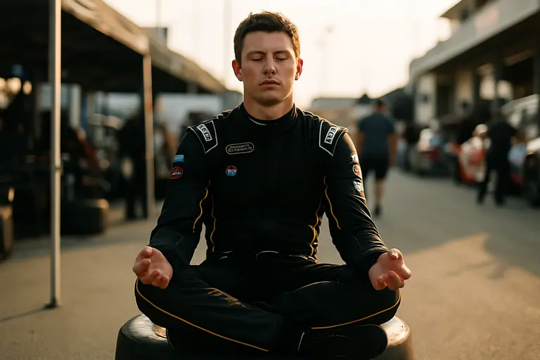 Crew member checking helmet and radio gear before a race