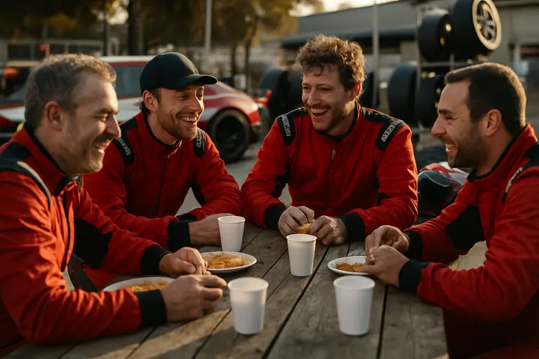 Crew and family talking quietly beside a trailer after track time