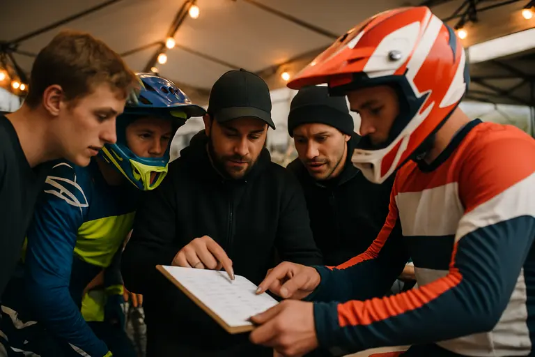 Rider and helper organizing tools and spare parts near a motorcycle trailer