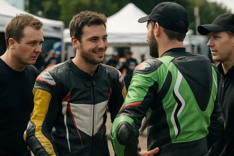 Racers and crew members talking together in a motorcycle paddock
