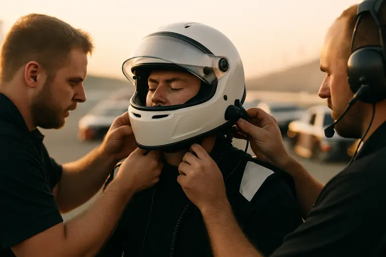 Mechanic checks wheel hardware while a driver prepares gear before a session