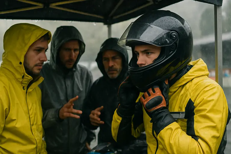 Rider fastening gauntlet gloves while crew prepares a motorcycle nearby