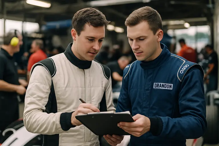Crew members checking tires and setup tools before a race
