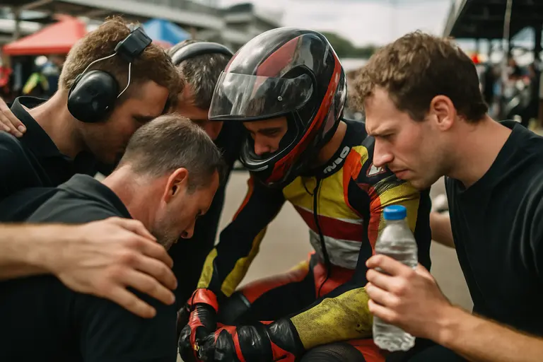 Family and crew gathered around a racer in a quiet paddock discussion