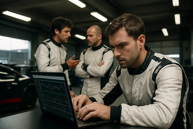 Crew members comparing notes while a rider rests near the pit wall