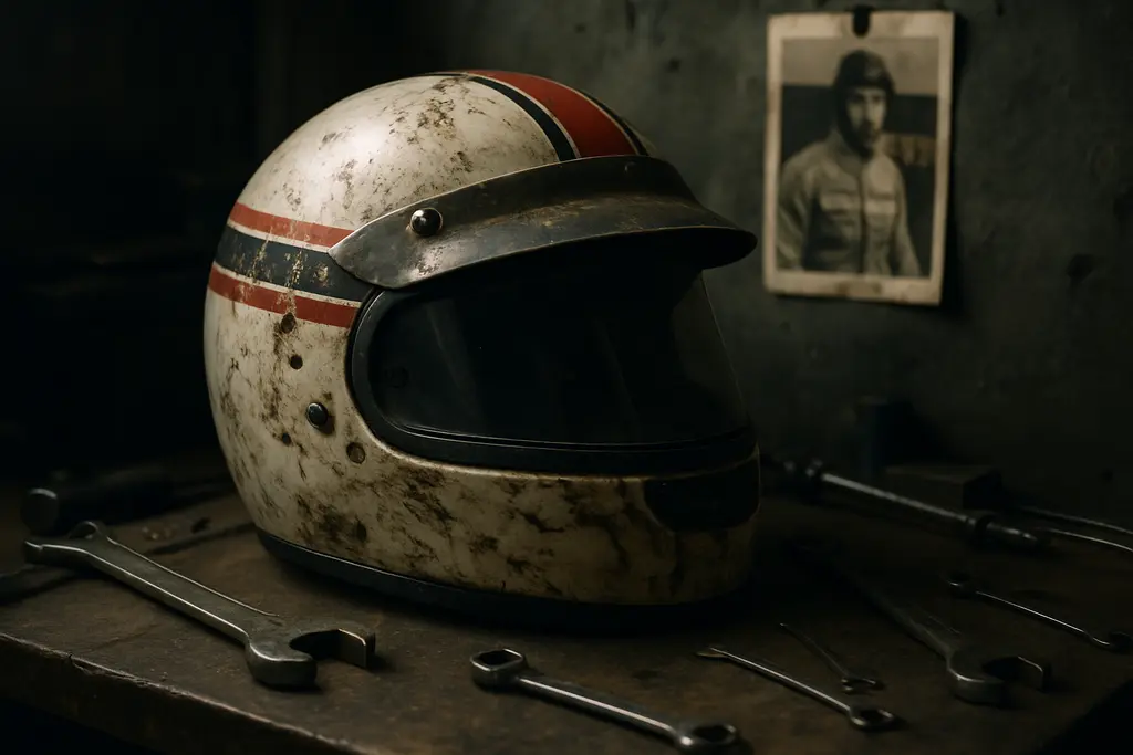 Grief In Racing scene with a stock car driver sitting quietly beside a helmet in the garage