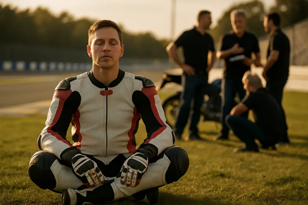 Mental Health Paddock scene with a rider and crew talking calmly beside a race bike