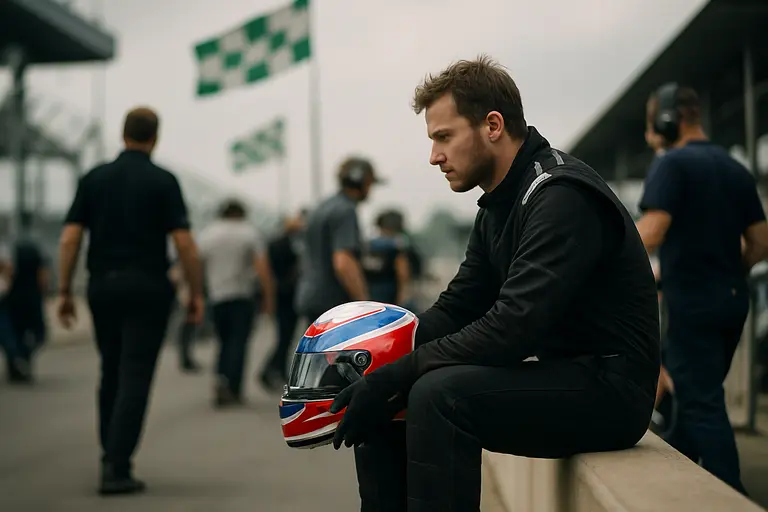 Racer reviewing notes with a small crew beside a parked stock car