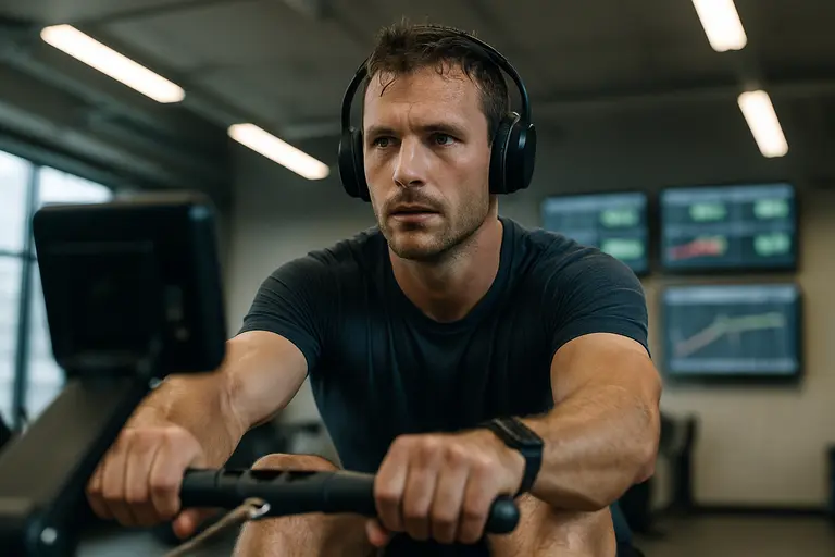 Racer training with helmet nearby and hydration bottle on a gym bench