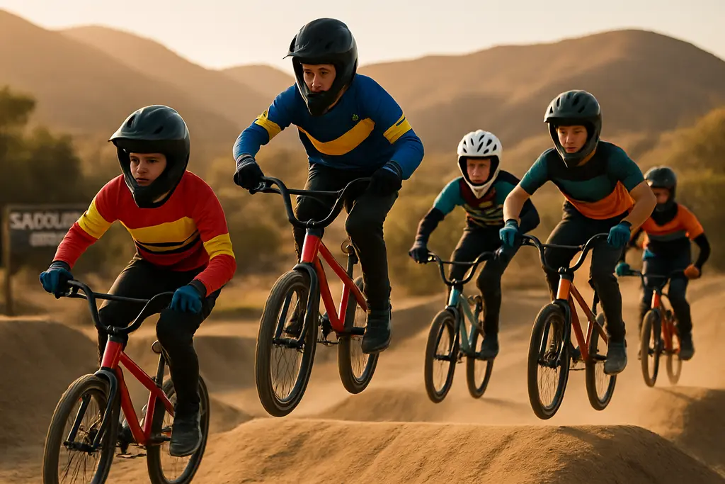 Saddleback BMX facility area with young riders preparing bikes near a dirt course