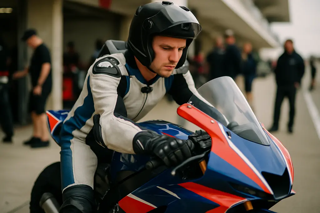 Simon Reid MotoAmerica rider preparing a BMW superbike in a quiet paddock garage