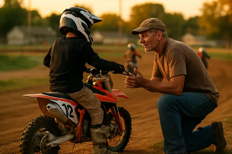 Amateur rider and support team inspect a bike between sessions