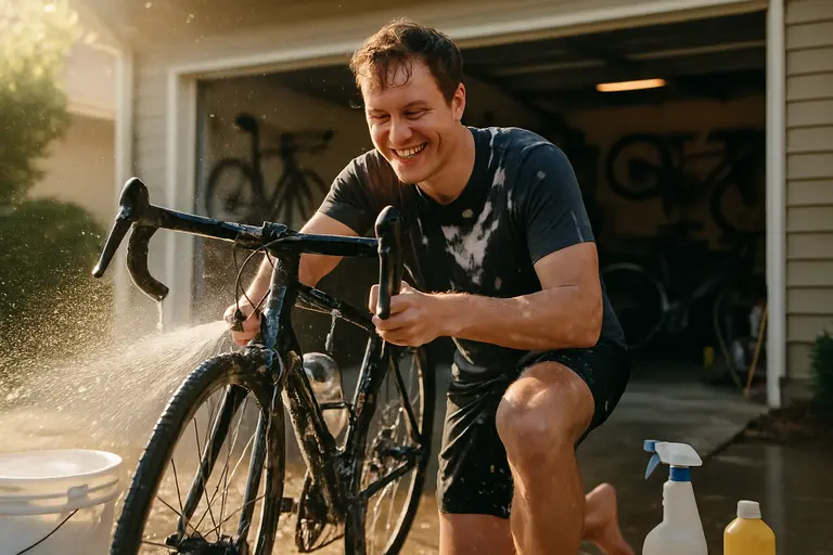 Clean bicycle drivetrain with brush, lube, and chain checker on a workbench