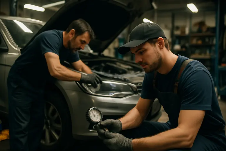 Crew members checking equipment and notes before a training drive