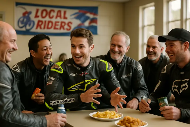 Crew members standing together near a race bike after a session