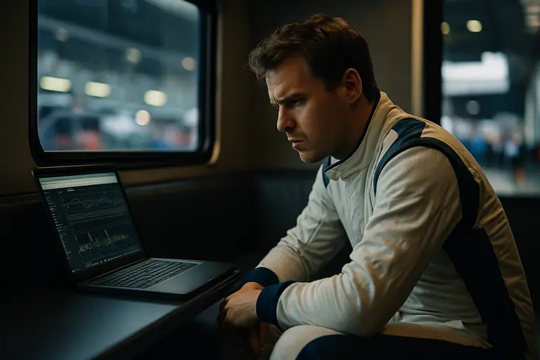 Driver sitting quietly near a race car while crew finishes final checks