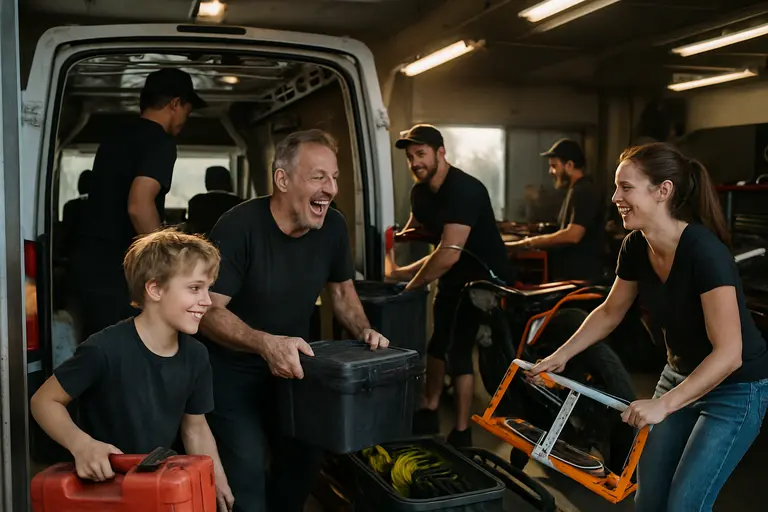 Family crew organizing motorcycle racing gear inside a paddock canopy
