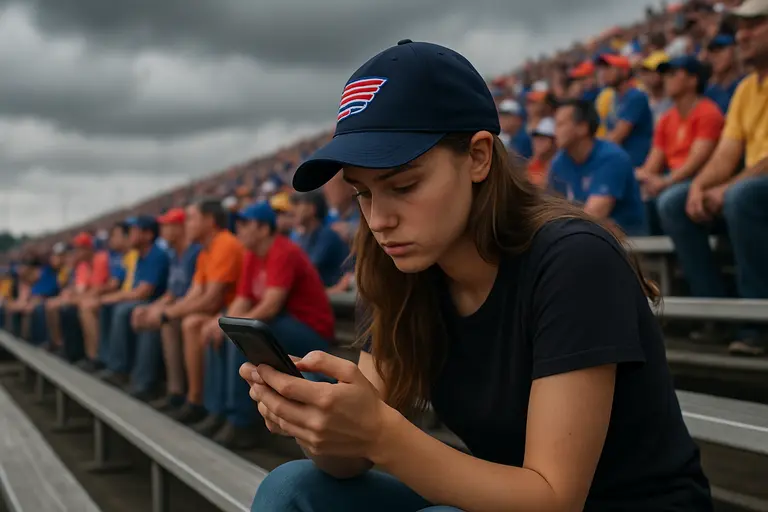 Family members and crew checking a phone schedule near the grandstands.