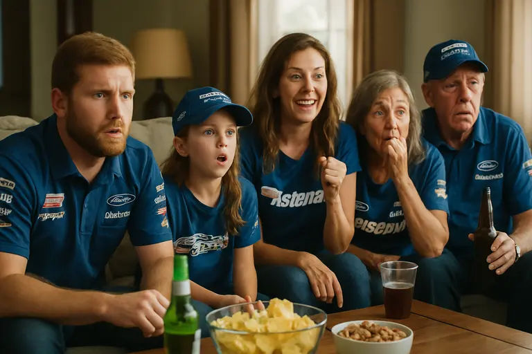 Pit crew and family supporters gathered near a race car between sessions