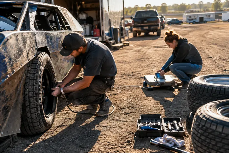 Race crew measuring spoiler height and checking tires on a dirt modified