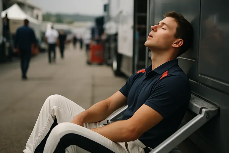 Racer resting in a quiet paddock chair before the next session