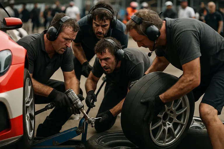 Small pit crew practicing a stop around a sports car in the paddock
