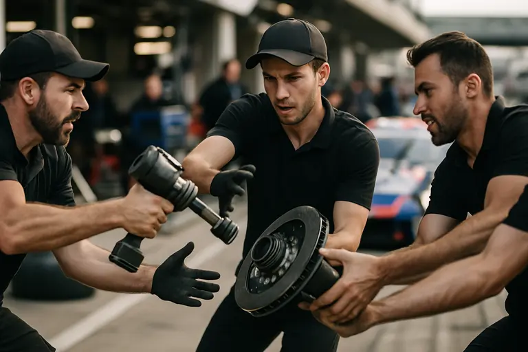 Small race crew reviewing tools and notes beside a bike in the pits