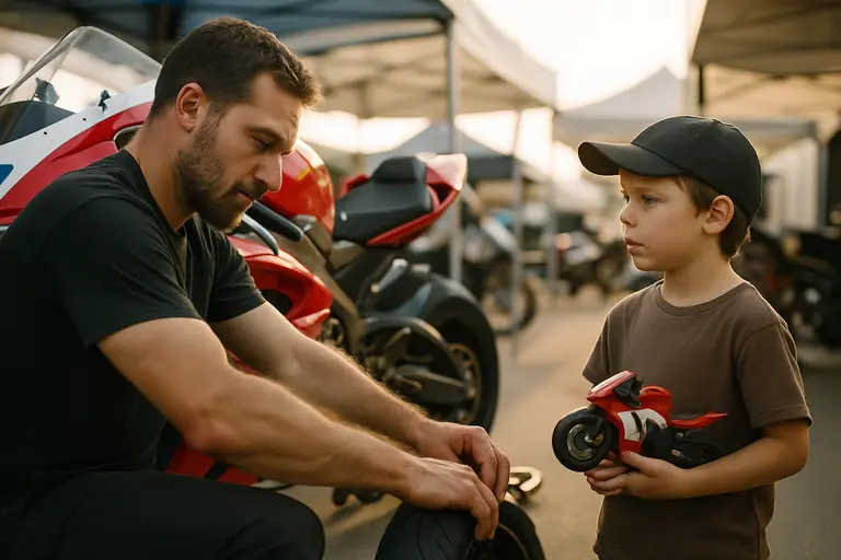 Small race crew studying setup notes around a motorcycle in the paddock
