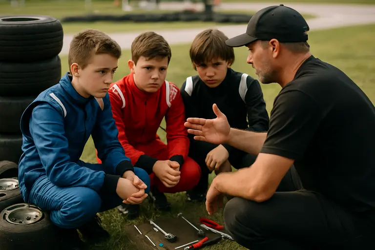 Small racing crew comparing notes beside tools and safety gear