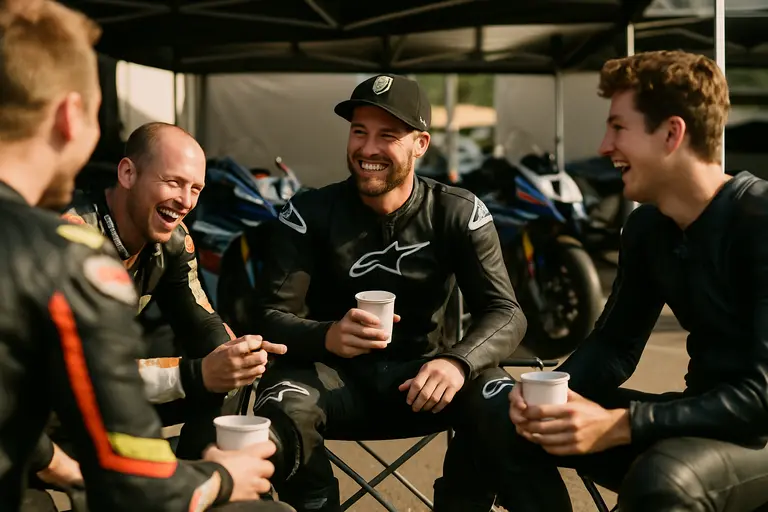 Team members gathered around a motorcycle in a quiet paddock discussion